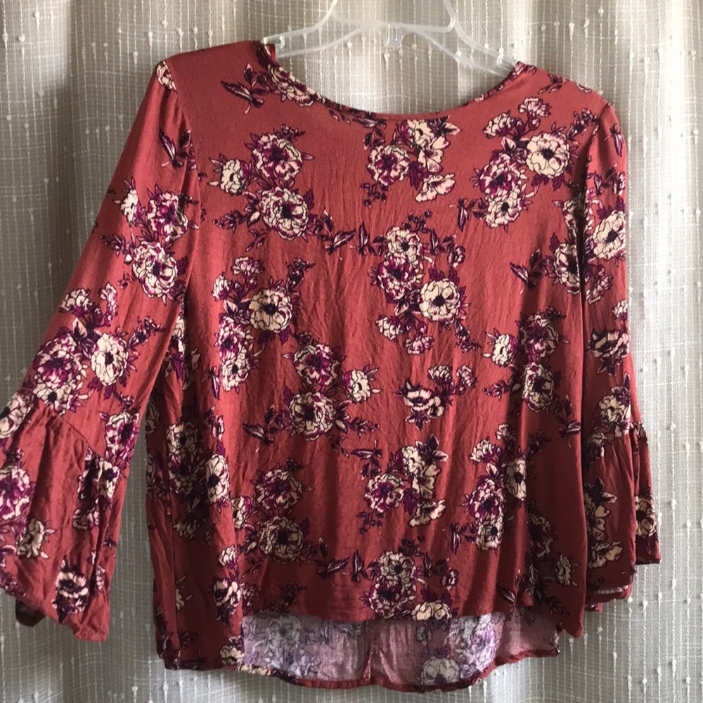 One Clothing Burnt Orange Floral Top Bell Sleeves
